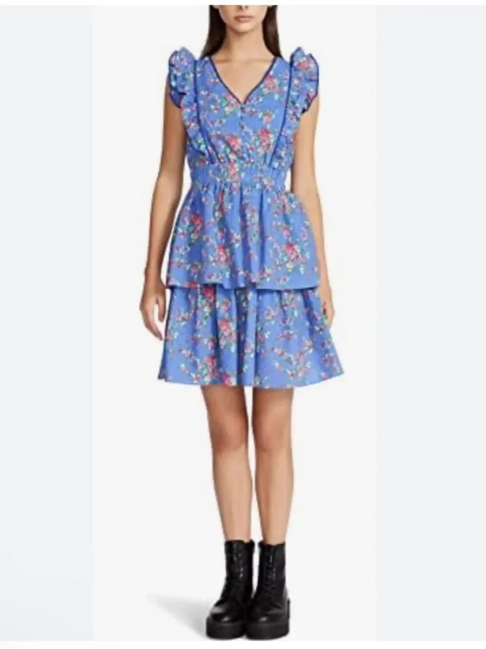 Betsey Johnson Bush Gardens Seersucker Tiered Mini Dress Floral Purple Sz Small